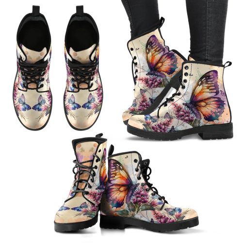 Watercolor butterfly Floral Women's Vegan Leather Combat Boots 1