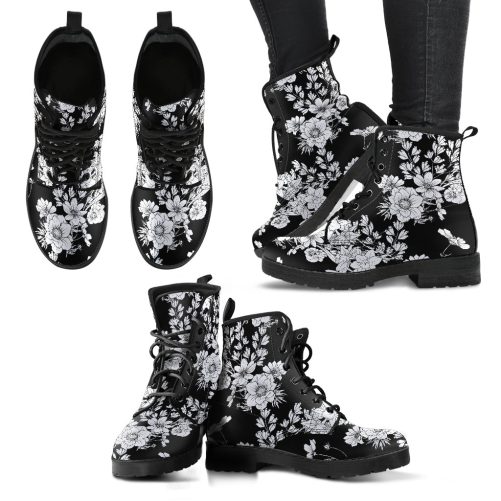 White Flowers Handcrafted Women's Vegan Leather Combat Boots 1
