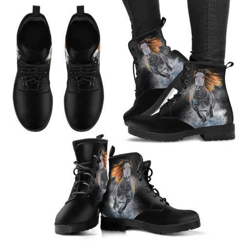 Wild and Free Galloping Horse Women's Vegan Leather Combat Boots 1