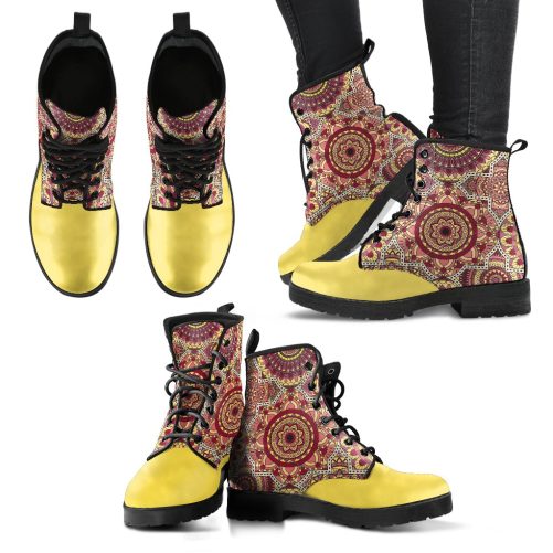 Yellow Mandala Ornaments Handcrafted Women's Combat Vegan Leather Boots 1