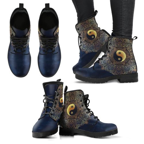 YinYang Mandala Handcrafted Women's Vegan Leather Combat Boots 1