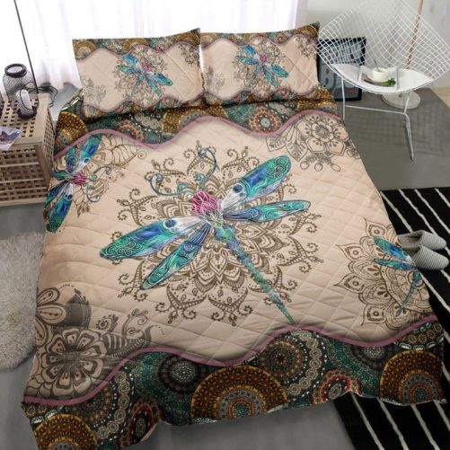 Personalized Dragonfly Mandala 3 Piece Quilt Bedding Set