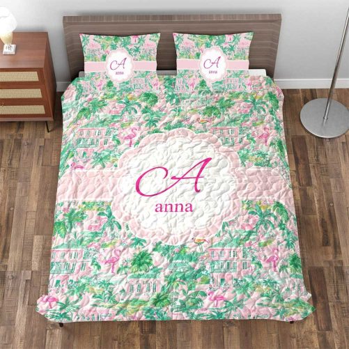 Preppy Lilly P Inspired Flamingo Vacay Pink Mint Quilt Bedding Set Personalized 3 Piece Quilt Bedding Set