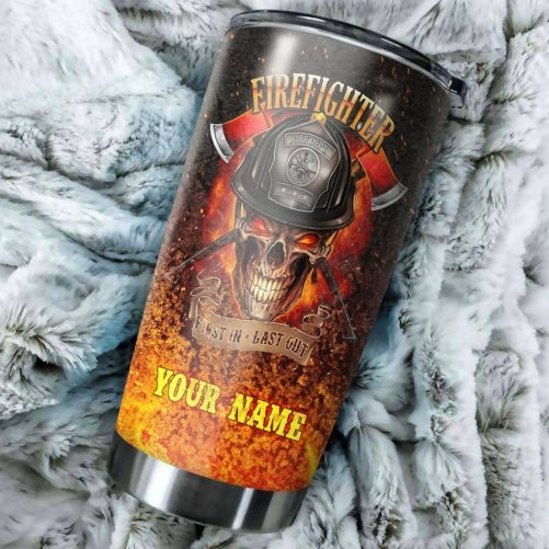 Beebuble Firefighter Skull On Fire Customize Name Stainless Steel Tumbler MH 1