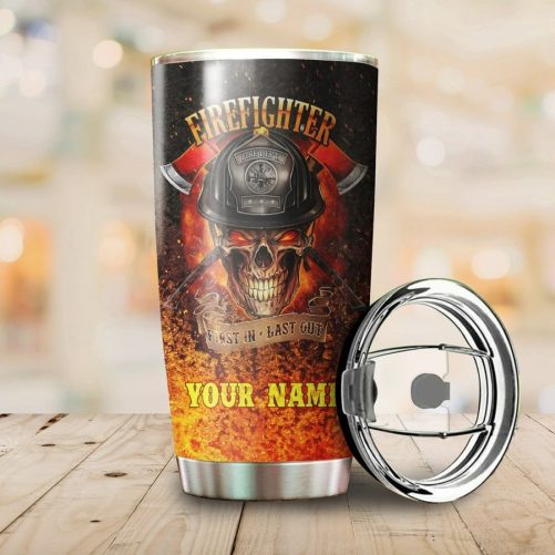 Beebuble Firefighter Skull On Fire Customize Name Stainless Steel Tumbler MH 2