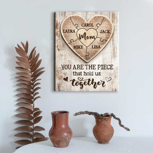 Gift For Mom From Son, Custom Mothers Day Puzzle Canvas, Mom You Are the Piece that Holds Us Together, Mom Sign With Kids Names 1