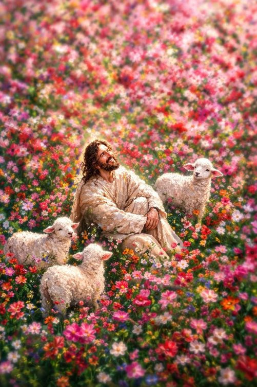 Christian Canvas Jesus And Lambs In Flower Garden Art