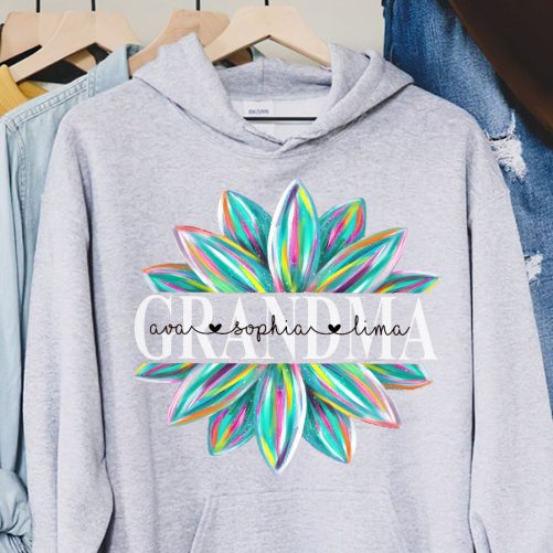 Personalized Grandma Hoodie Grandma Colorful Flower Custom Kid Name   Gift For Grandma  2