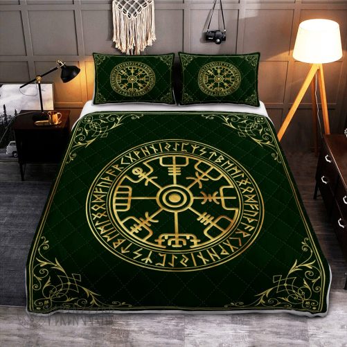 Viking Vegvisir And Rune Viking Quilt Bedding Set