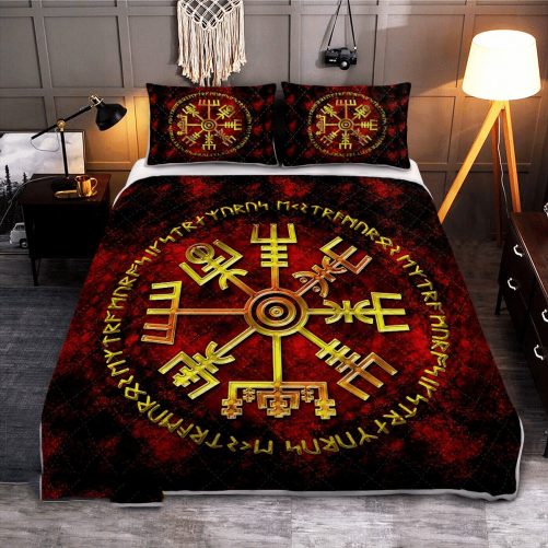 Viking Vegvisir And Rune Viking Quilt Bedding Set