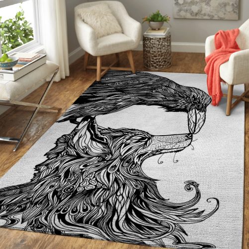 Fenrir And Raven Line Art Viking Area Rug