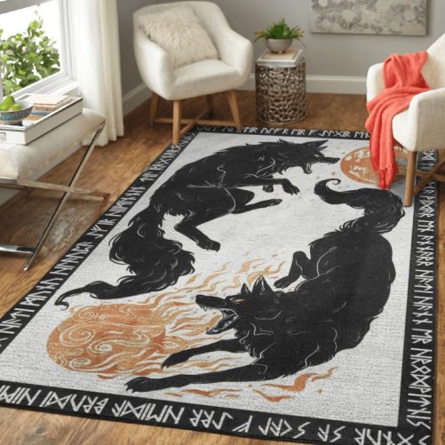 Frenrir Skoll and Hati Rune Viking Area Rug