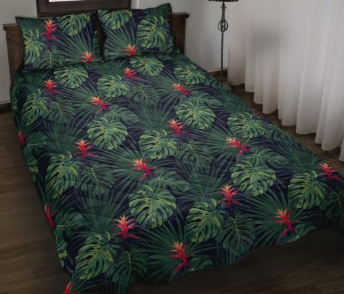 Hawaii Quilt Bed Set Tropical Monstera Leaf Green