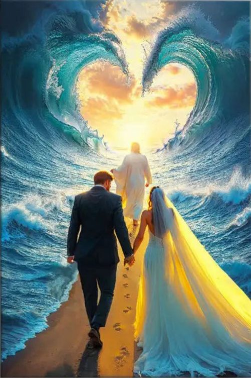 Jesus Leading a Married Couple Through Parted Sea Wall Art Canvas