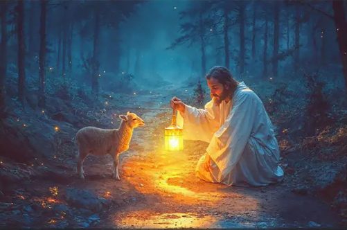 Jesus Rescues Lamb at Night Wall Art Canvas