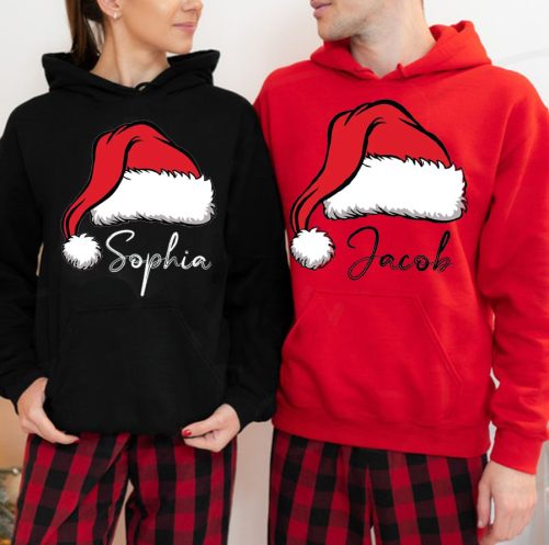 Personalized Couple Hoodie Christmas Hat Custom Name Christmas Gift For Couple