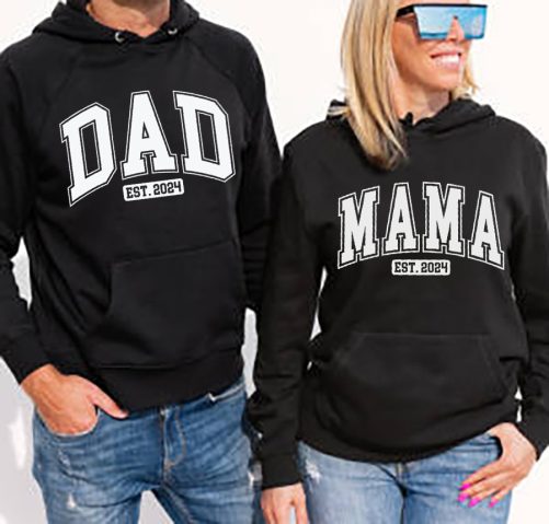Woman and man wearing black hoodies, mockup for hoody sweatshirt design