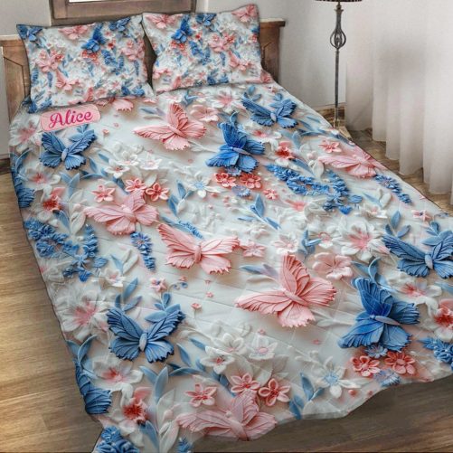 Pink And Blue Butterflies Personalized Butterfly Quilt Set