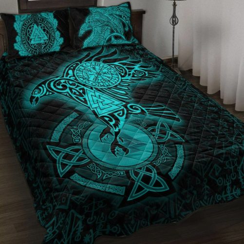 Quilt Bed Set Celtic Raven Turquoise Viking Homeset Quilt Bed Set