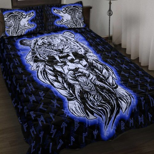 Quilt Bed Set Wolf Odin Viking Set Blue Quilt Bed Set