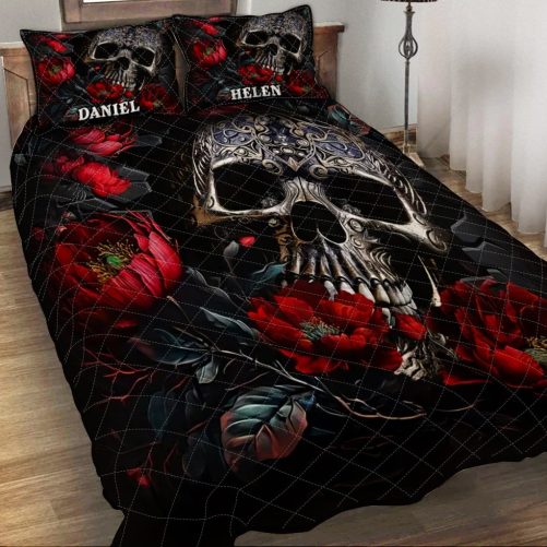 Skull And Roses Personalized Skull Quilt Set
