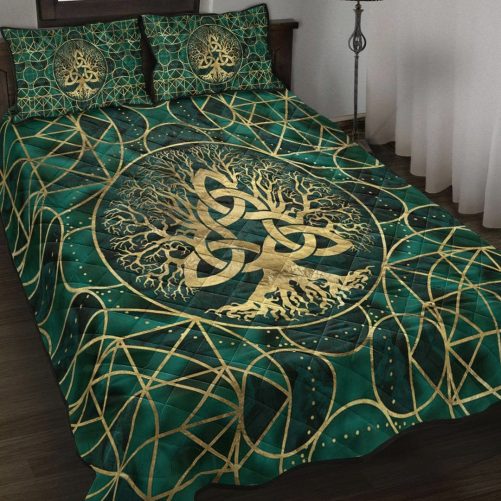 Viking Quilt Bed Set Tree Of Life with Triquetra Malachite and Gold Quilt Bed Set RLT12