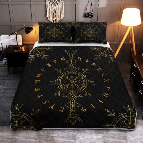 Viking Vegvisir And Rune Viking Quilt Bedding Set