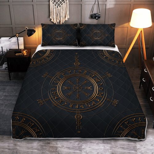 Viking Vegvisir Gold Viking Quilt Bedding Set