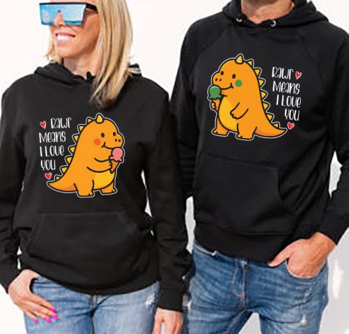 Woman and man wearing black hoodies, mockup for hoody sweatshirt design
