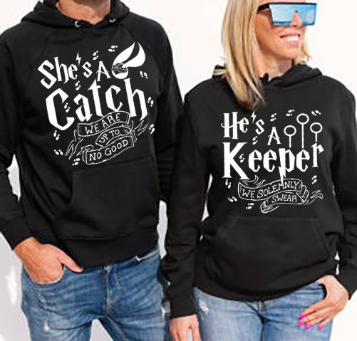 Woman and man wearing black hoodies, mockup for hoody sweatshirt design