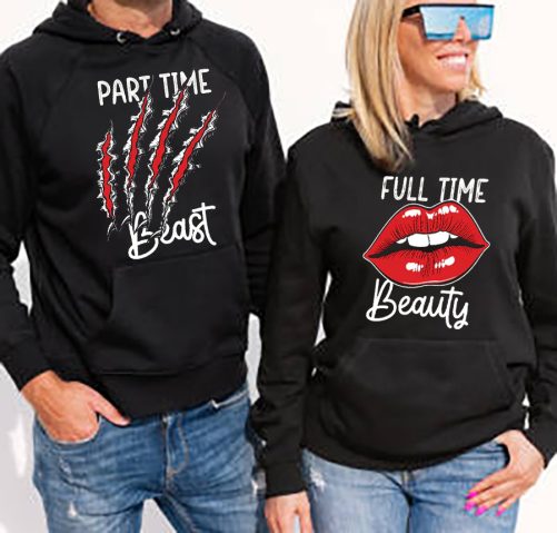Woman and man wearing black hoodies, mockup for hoody sweatshirt design
