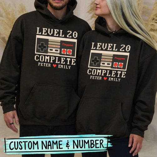 Personalized Matching Couple Hoodie Level Complete Custom Number And Name   Funny Gift For Couple  1
