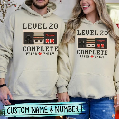 Personalized Matching Couple Hoodie Level Complete Custom Number And Name   Funny Gift For Couple  2