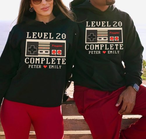 Personalized Matching Couple Hoodie Level Complete Custom Number And Name   Funny Gift For Couple  4