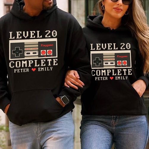 Personalized Matching Couple Hoodie Level Complete Custom Number And Name   Funny Gift For Couple