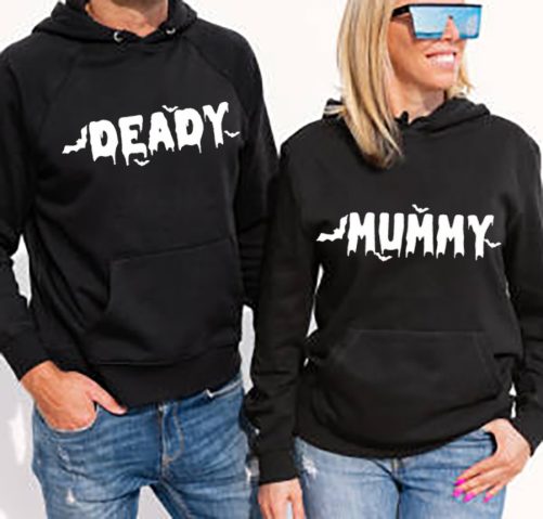 Woman and man wearing black hoodies, mockup for hoody sweatshirt design