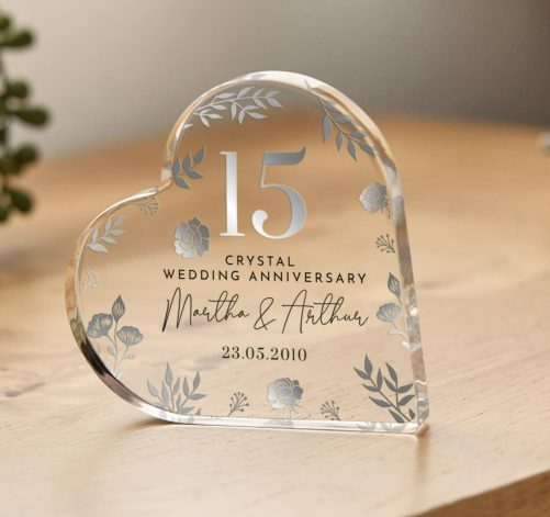 Personalised 15th Wedding Anniversary Gift Crystal Anniversary Heart Shaped Acrylic Plaque Custom Keepsake with Names Date Elegant Floral