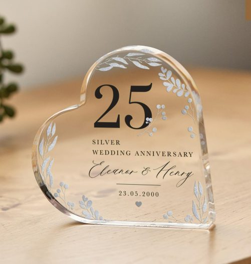 Personalised 25th Wedding Anniversary Gift Silver Anniversary Present Heart Shaped Acrylic Plaque Custom Keepsake with Names Date Mum Dad