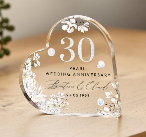 Personalised 30th Wedding Anniversary Gift Pearl Anniversary Present Heart Shaped Acrylic Plaque Custom Keepsake with Names Date Mum Dad