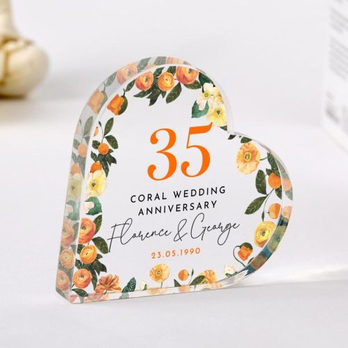 Personalised 35th Wedding Anniversary Gift Coral Anniversary Present Heart Shaped Acrylic Plaque Custom Keepsake with Names & Date Floral