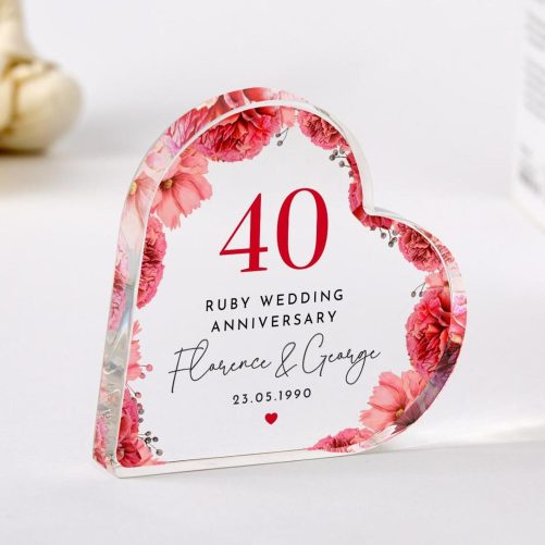 Personalised 40th Wedding Anniversary Gift Ruby Anniversary Heart Shaped Acrylic Plaque Custom Keepsake with Names & Date Romantic Mum Dad