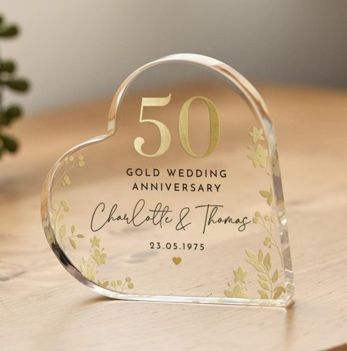 Personalised 50th Wedding Anniversary Gift Gold Anniversary Heart Shaped Acrylic Plaque Golden Keepsake with Names Date Gift for Couples