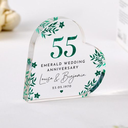 Personalised 55th Wedding Anniversary Gift Emerald Anniversary Heart Shaped Acrylic Plaque Keepsake with Names Date Elegant Green Floral