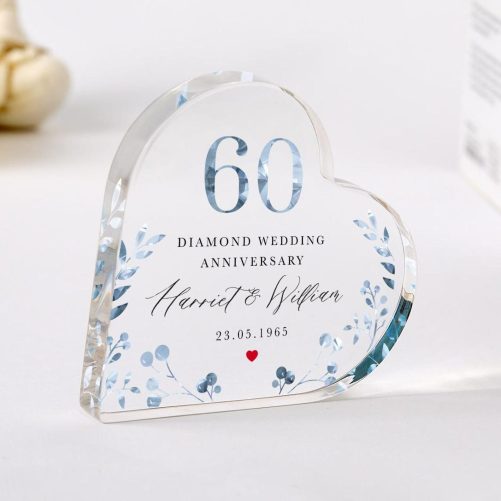 Personalised 60th Wedding Anniversary Gift Diamond Anniversary Heart Shaped Acrylic Plaque Custom Keepsake Names & Date Elegant Blue Floral