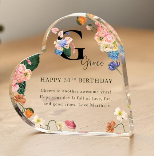 Personalised Birthday Gift for Her Floral Acrylic Plaque Heart Keepsake Name Initial Custom Message Milestone Birthdays 21st 30th 40th 50th