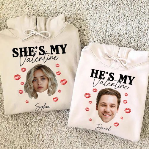 Personalized Couple Hoodie She's He's My Valentine Custom Photo And Name   Gift For Couple  5