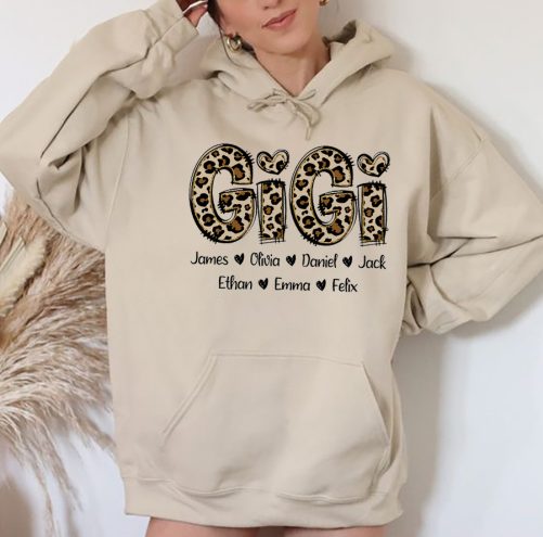 Personalized Grandma Hoodie Gigi Leopard Pattern Custom Title and Kid's Name Gift For Grandma 2