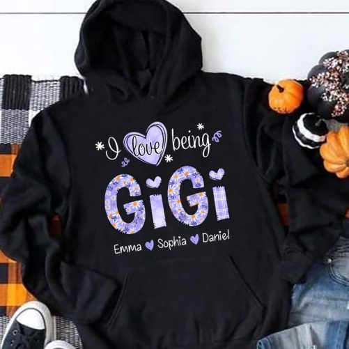 Personalized Grandma Hoodie I Love Being Gigi Purple Floral Pattern Custom Title And Kid's Name Gift For Grandma 1