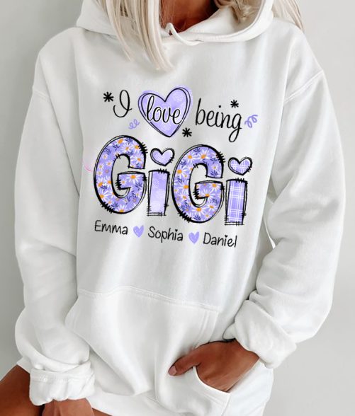 Personalized Grandma Hoodie I Love Being Gigi Purple Floral Pattern Custom Title And Kid's Name Gift For Grandma 2