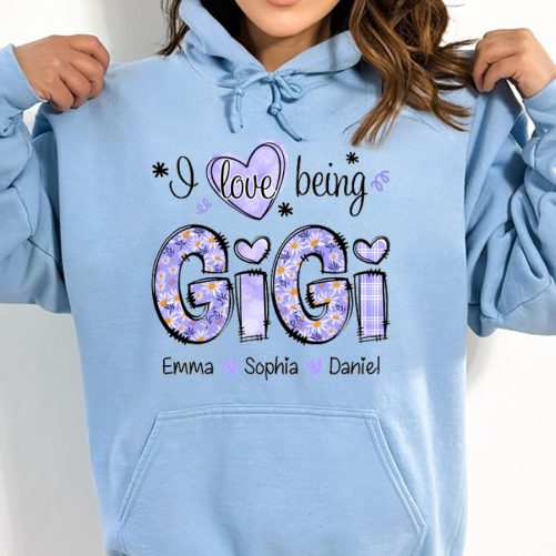 Personalized Grandma Hoodie I Love Being Gigi Purple Floral Pattern Custom Title And Kid's Name Gift For Grandma 3